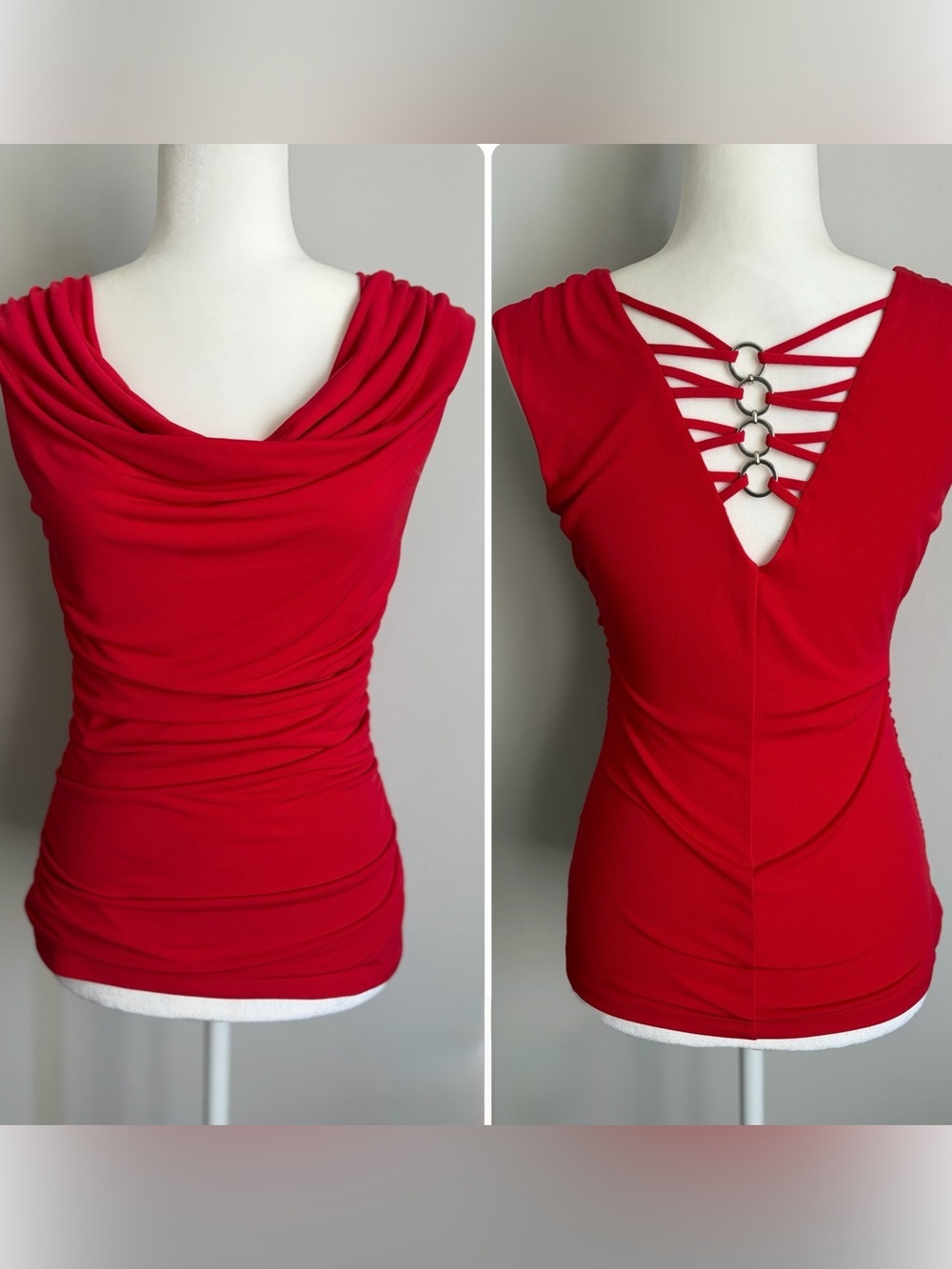 A. Byer Red Ruched Cowl Neck Open Back Ring Detail Top S